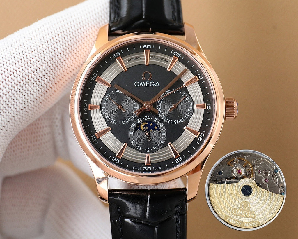 Omega wristwatch with rose-gold case, black dial, black leather strap and subdials