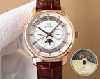 Omega wristwatch with rose-gold case, white dial and brown leather strap with subdials