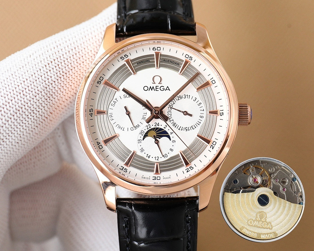 Omega wristwatch with rose-gold case, white dial, black leather strap and subdials