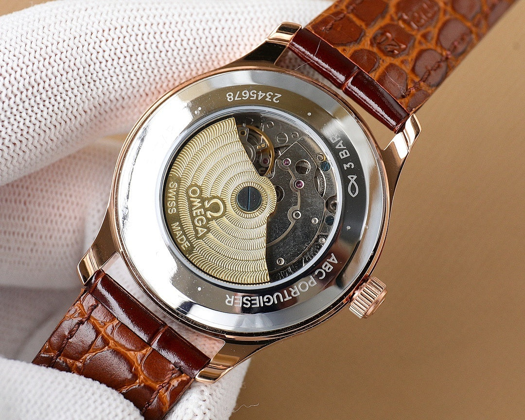 Omega wristwatch caseback with exposed movement and brown leather strap