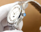 Omega watch crown and bezel closeup on silver case with blue detail