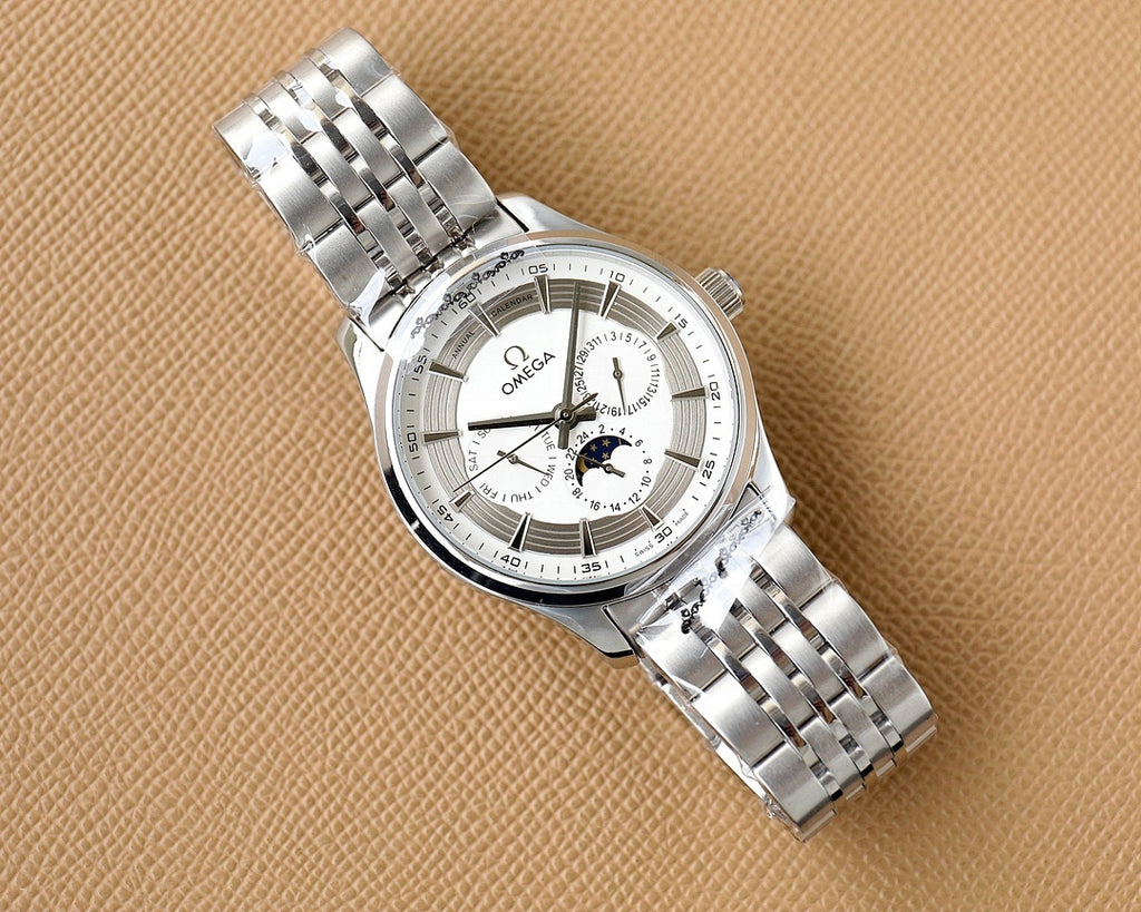 Omega watch with silver steel bracelet and white dial, moonphase detail at lower right