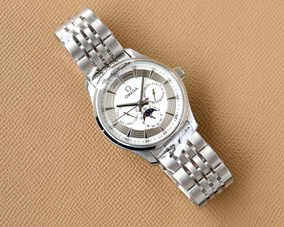 Omega watch with silver steel bracelet and white dial, moonphase detail at lower right