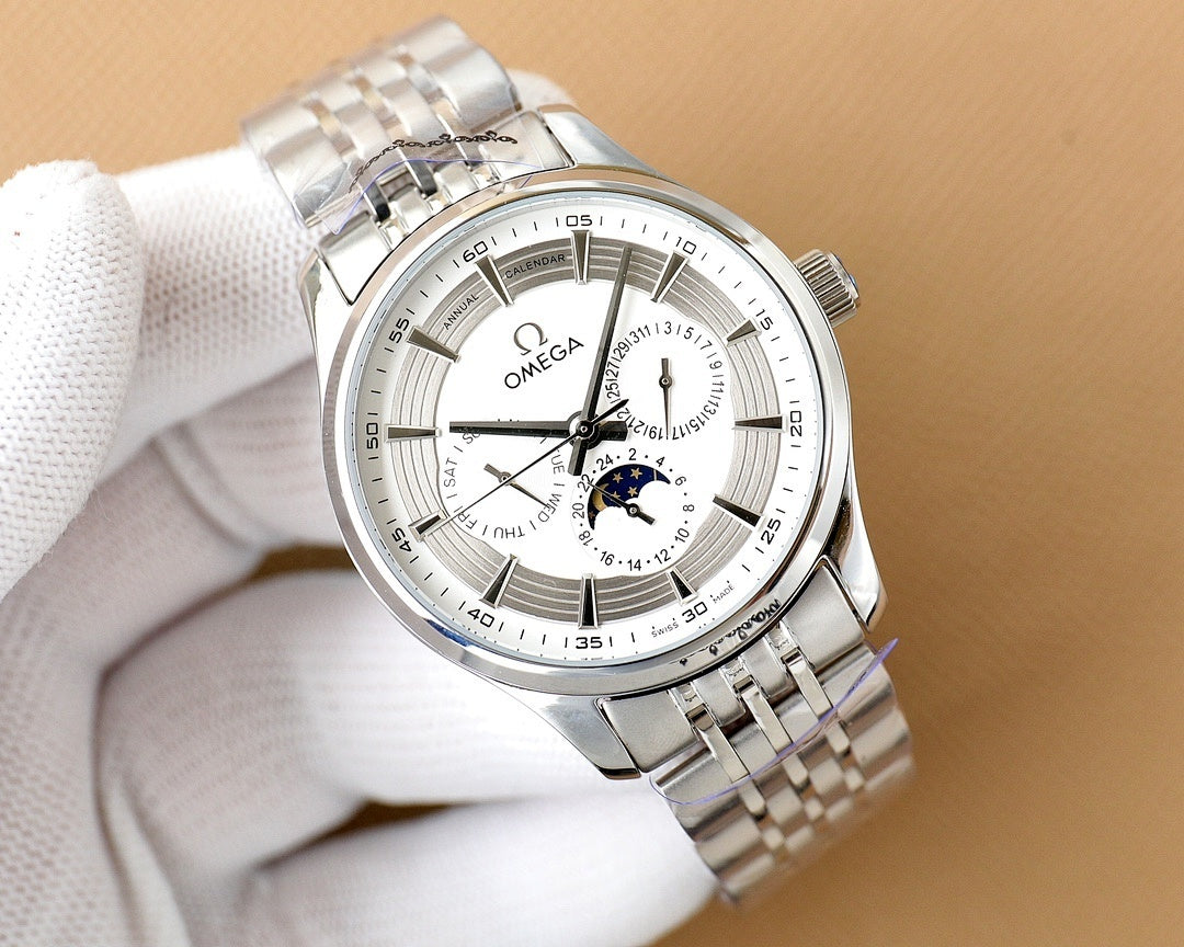 Omega watch close-up with silver case, white dial, subdials, and baton hour markers