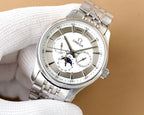 Omega watch with silver steel bracelet and white dial, three subdials and baton markers