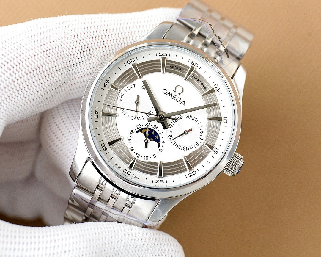 Omega watch with silver steel bracelet and white dial, three subdials and baton markers
