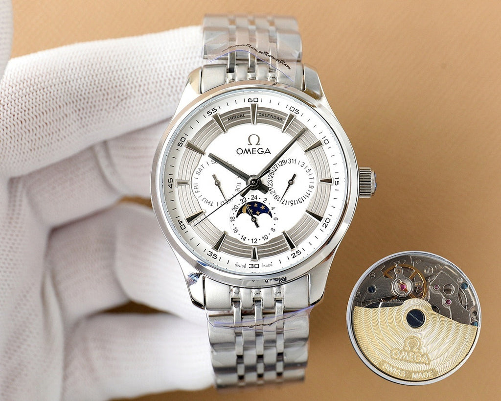 Omega watch with silver steel bracelet and white dial, with separate caseback cutaway