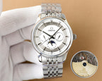 Omega watch with silver steel bracelet and white dial, with separate caseback cutaway