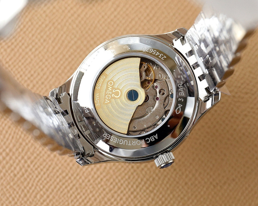 Omega watch caseback with visible mechanical movement in silver stainless housing