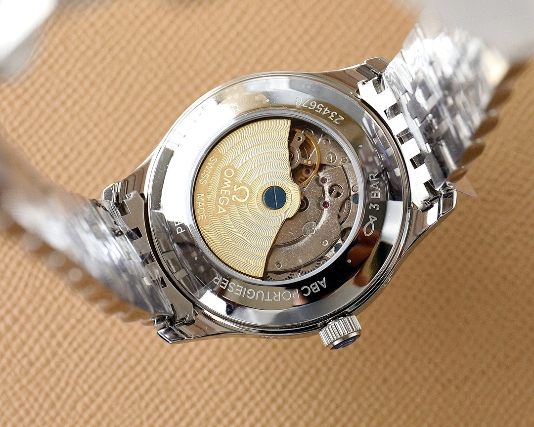 Omega watch caseback with visible mechanical movement in silver stainless housing