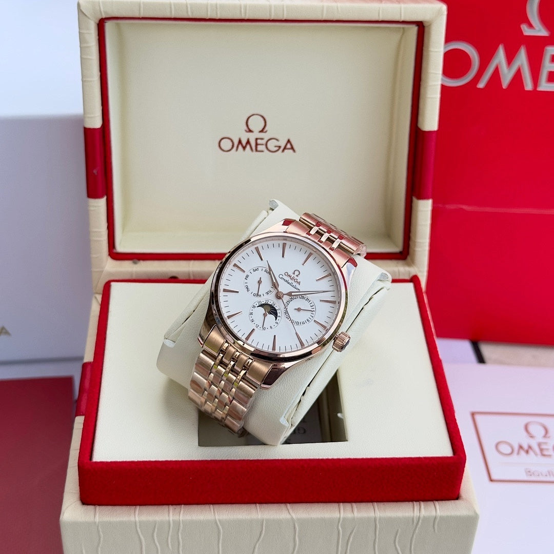 Silver-tone wristwatch with white dial and metal link bracelet in display box