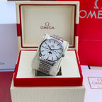 Silver-tone wristwatch with white dial and metal link bracelet on display stand