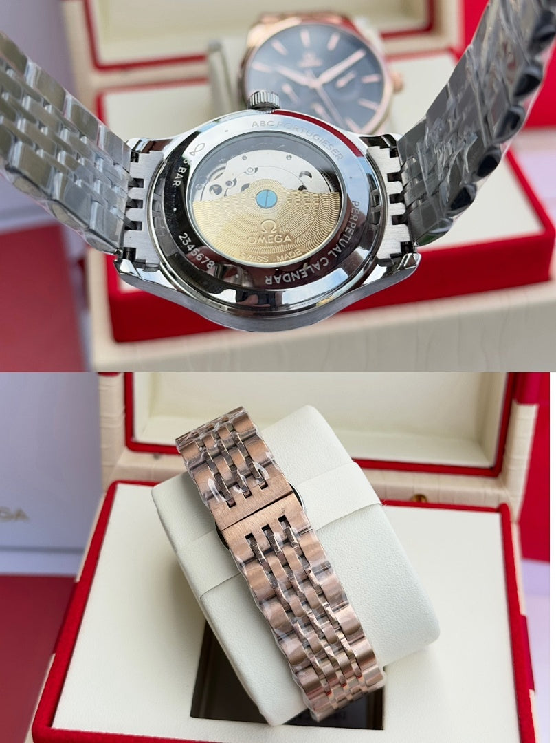 Back of silver-tone wristwatch with metal bracelet, shown on display stand