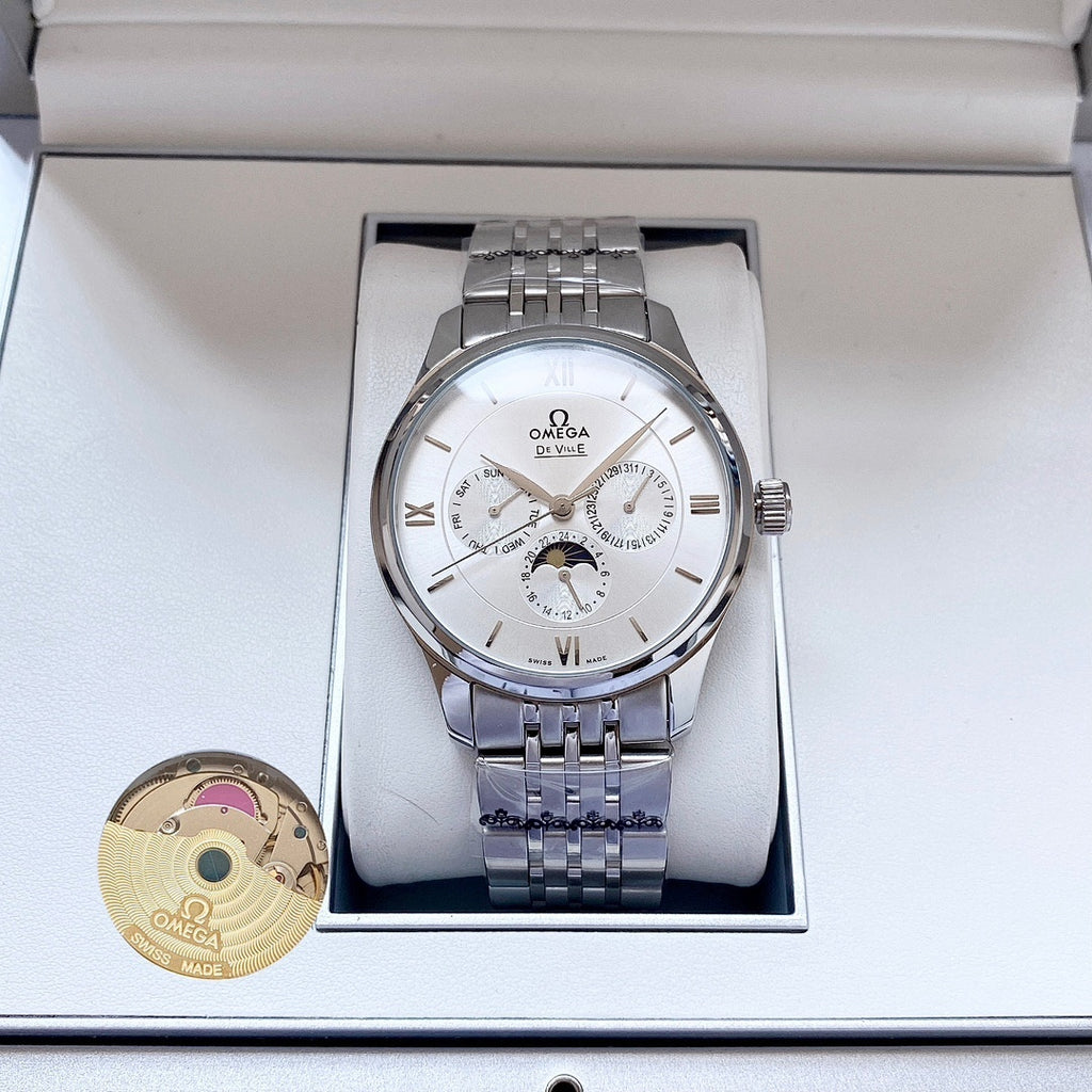 Omega wristwatch with silver metal bracelet and white dial shown in a white box