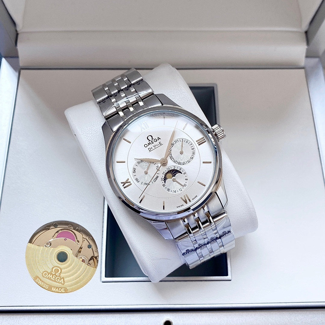 Omega wristwatch with white dial and silver metal bracelet on white cushion in a box