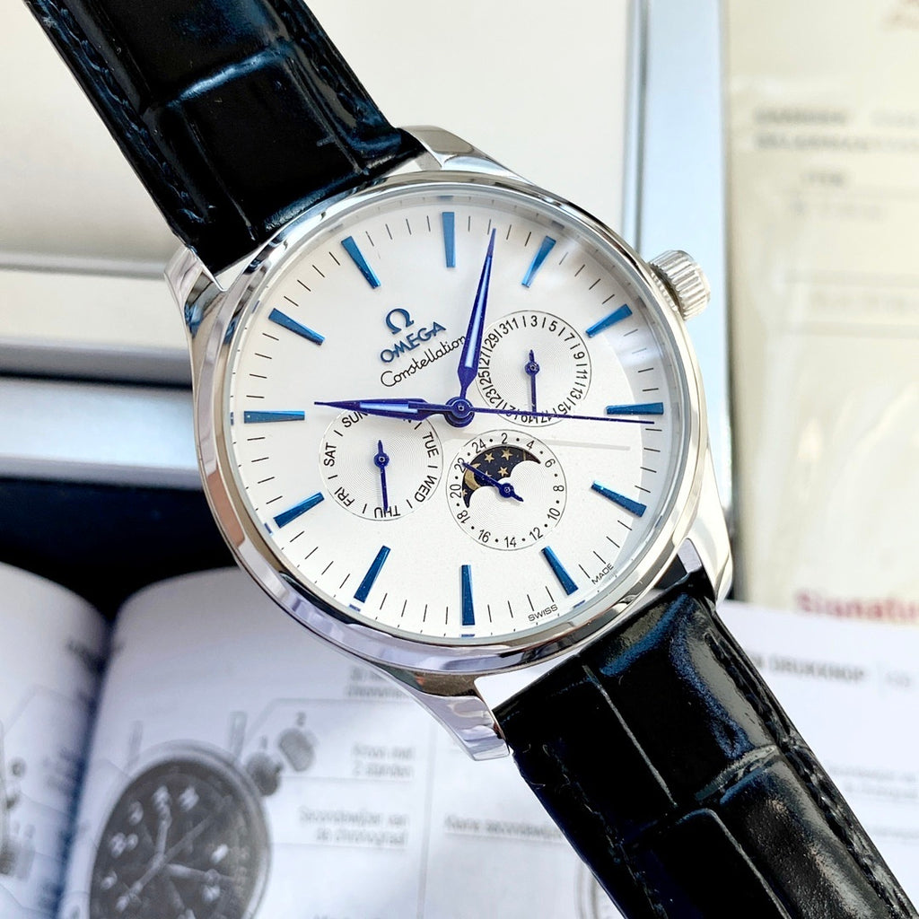 Omega wristwatch with blue-accent white dial, black leather strap, silver case