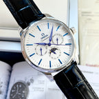Omega wristwatch with blue-accent white dial, black leather strap, silver case