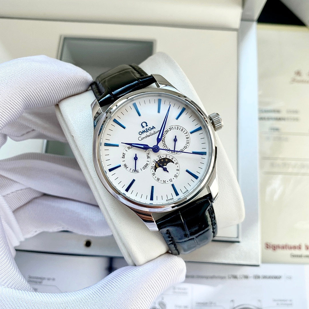 Omega wristwatch with white dial, blue hands and markers, black leather strap