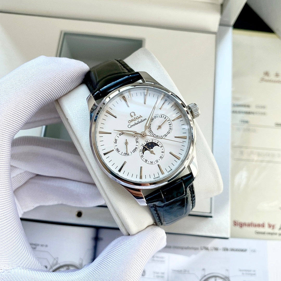 Omega wristwatch with black leather strap, white dial and subdials, silver case