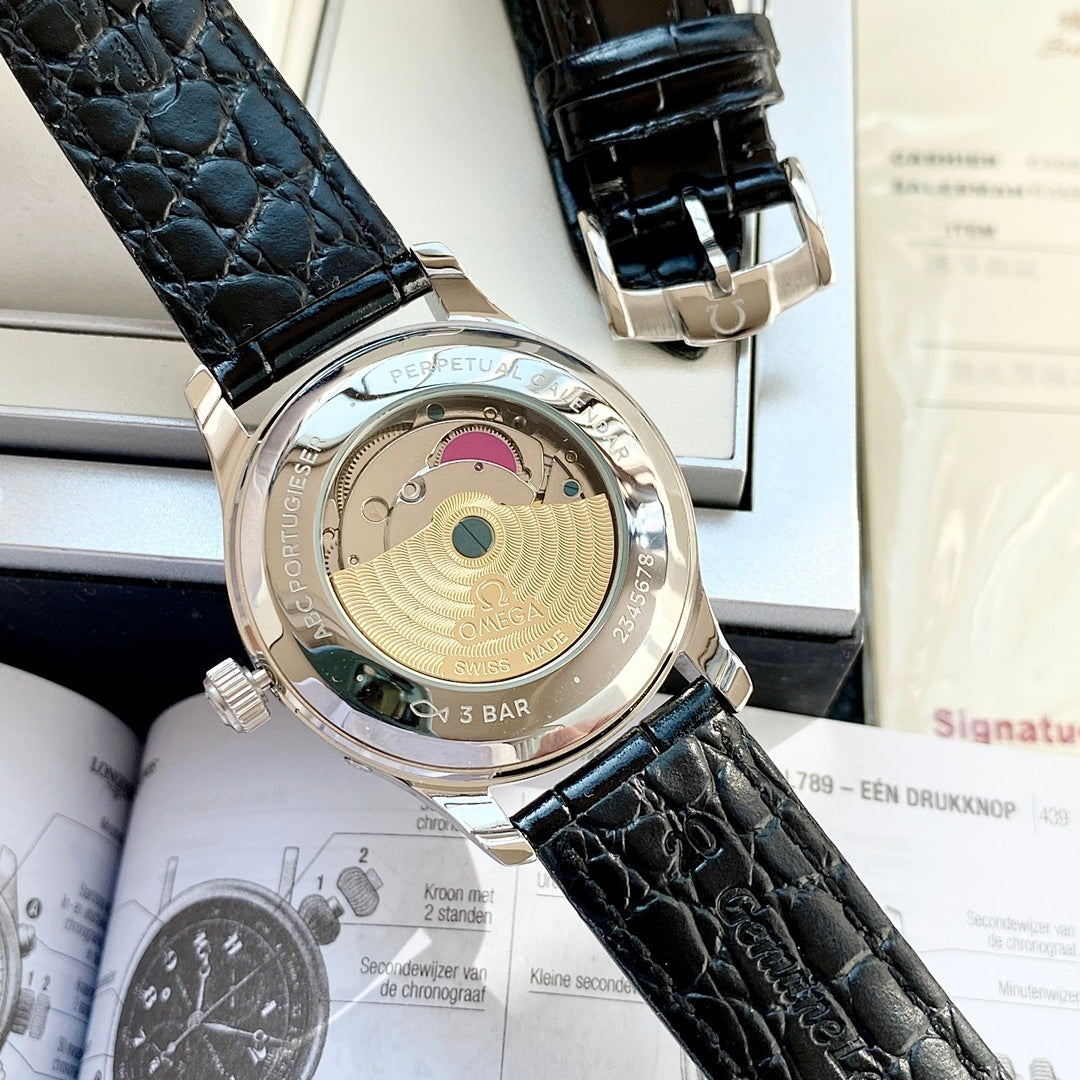 Omega watch case back with open movement display, black leather strap, silver bezel