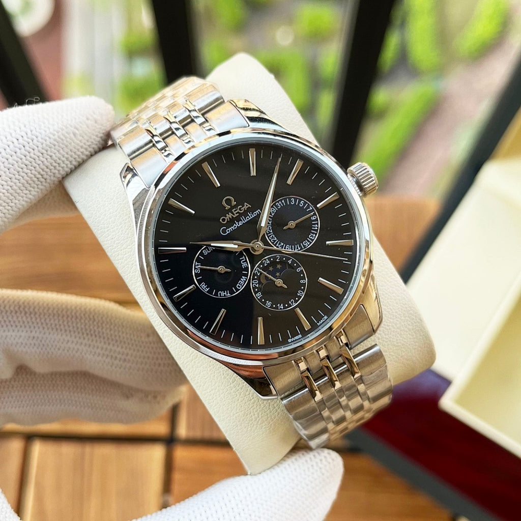 Omega wristwatch with silver-tone bracelet and black dial