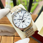 Omega wristwatch with two-tone bracelet, white dial, and three subdials