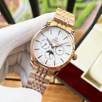 Omega wristwatch with gold-tone bracelet, white dial, and three subdials