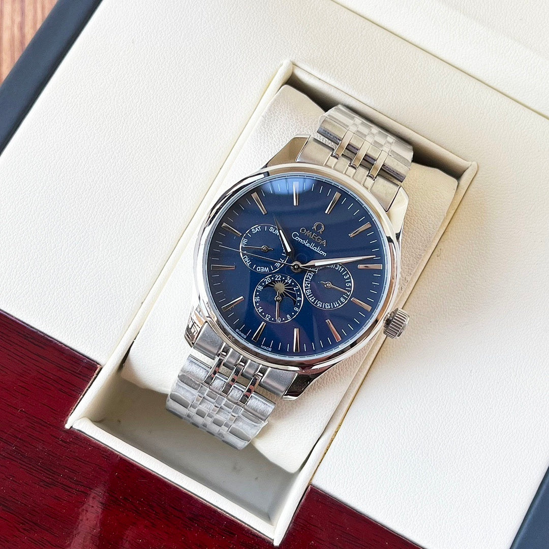 Omega wristwatch with steel bracelet and blue dial in a gift box