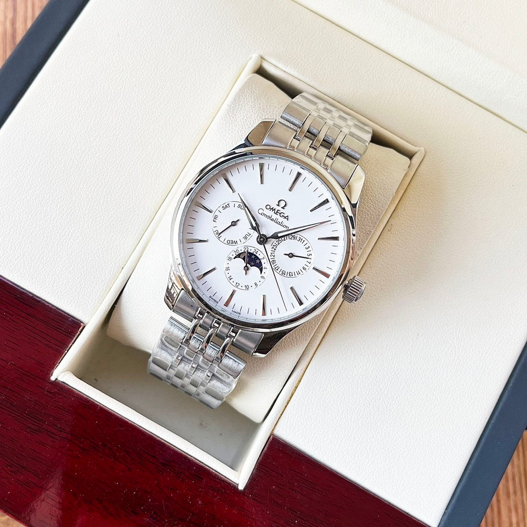 Omega wristwatch with silver-tone bracelet and white dial in a gift box