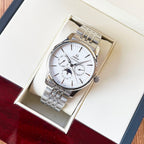 Omega wristwatch with silver-tone bracelet and white dial in a gift box