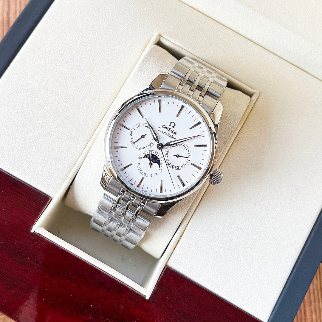 Omega wristwatch with silver-tone bracelet and white dial in a gift box