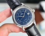 Automatic Omega watch with blue dial, silver case, and black leather strap