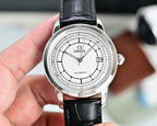 Automatic watch with white dial, silver case, black leather strap, and date marker