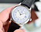 Automatic watch with blue dial, silver case, and black leather strap, crown visible