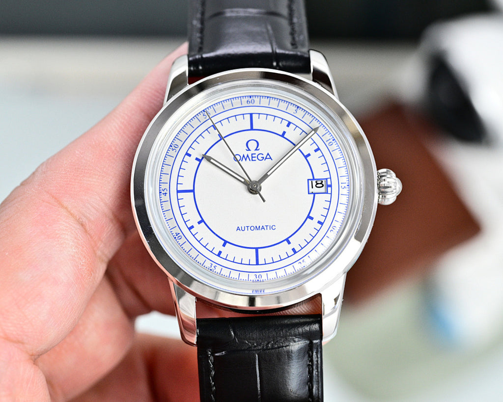 Automatic Omega watch with white dial and black leather strap, silver case