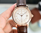 Rose-tone Omega automatic wristwatch with brown leather strap and date window