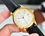 Gold Omega automatic wristwatch with black leather strap and white dial