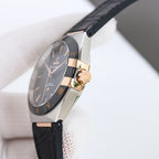 Omega wristwatch side profile with dark dial, black leather strap, gold-tone crown.