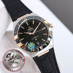 Omega wristwatch with black dial, gold-tone bezel, black leather strap, date window.