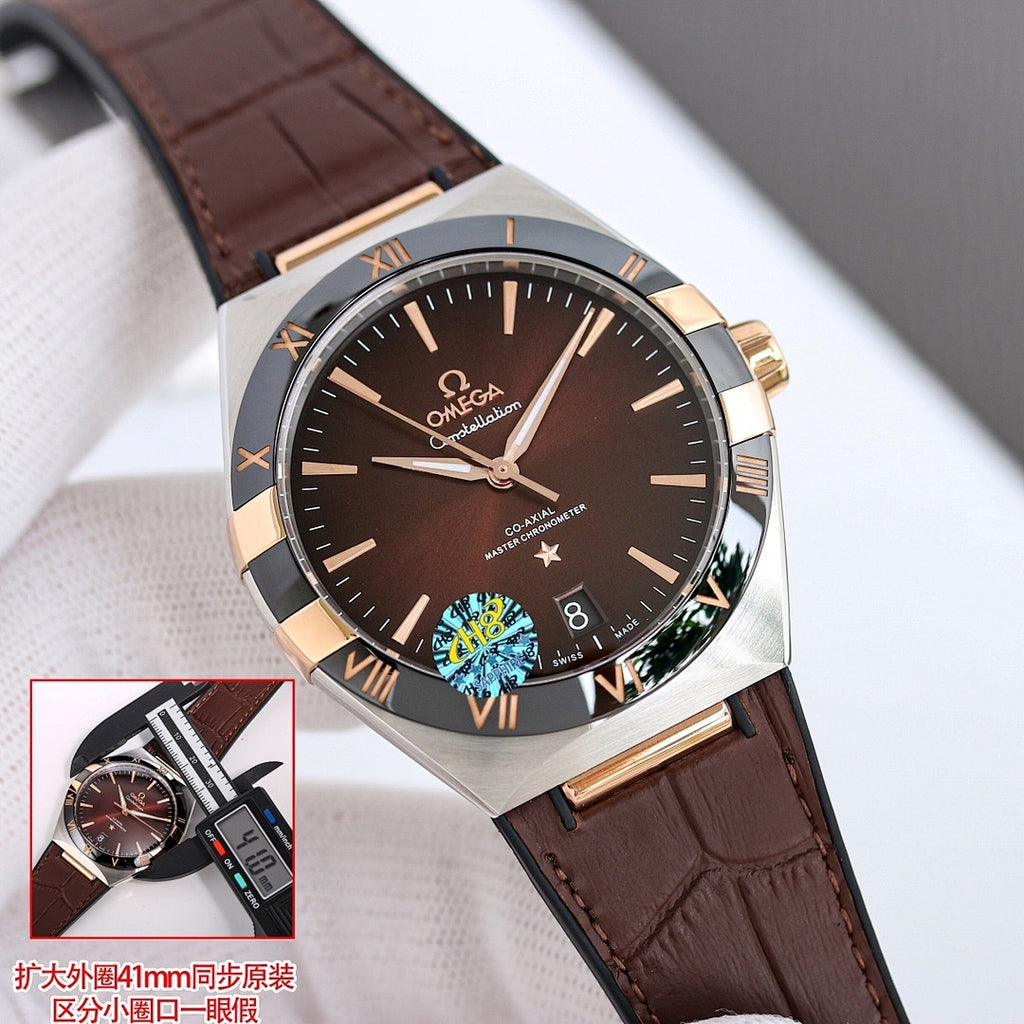 Omega wristwatch with brown dial, gold-tone bezel, brown leather strap.