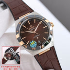 Omega wristwatch with brown dial, gold-tone bezel, brown leather strap.