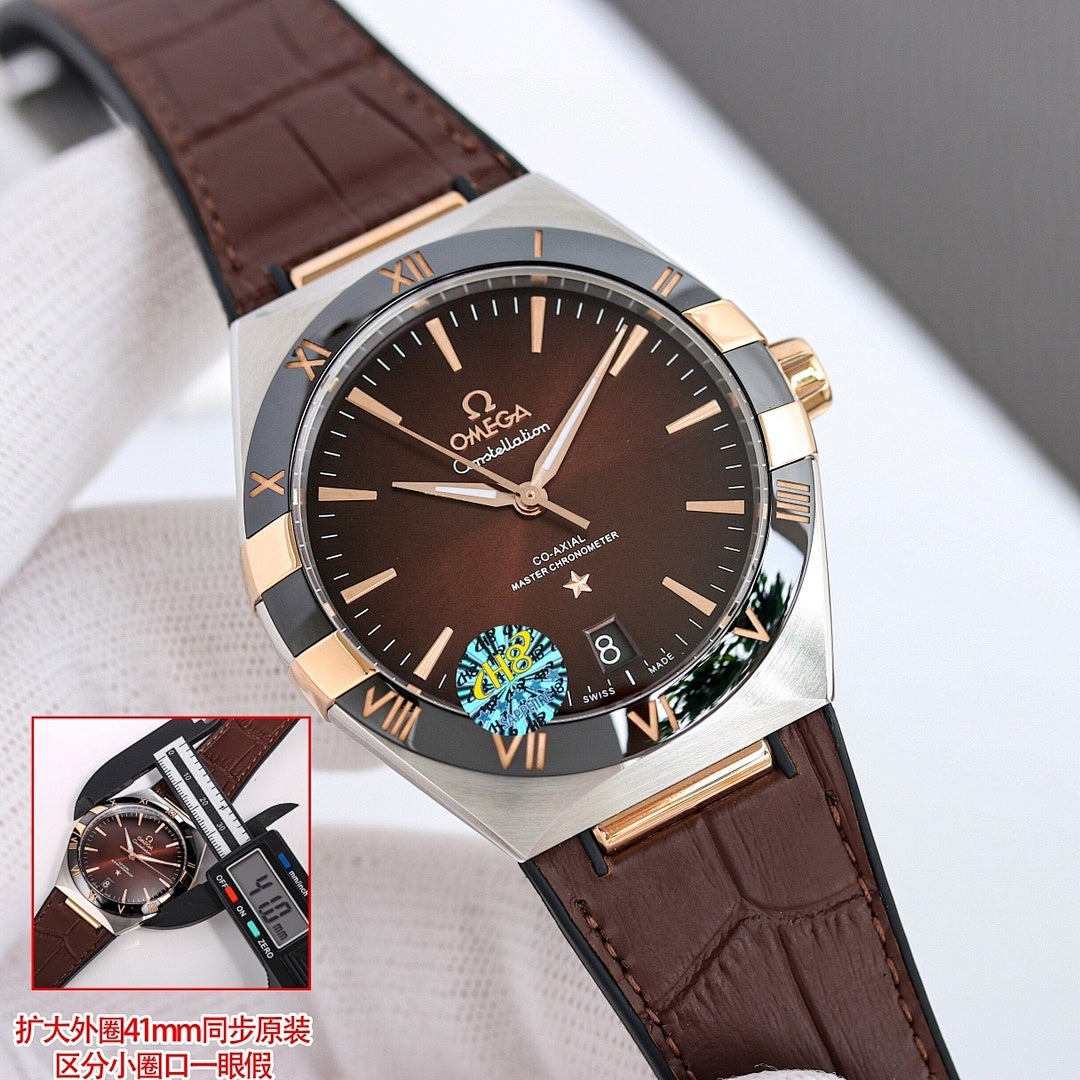 Omega wristwatch with brown dial, gold-tone bezel, brown leather strap.