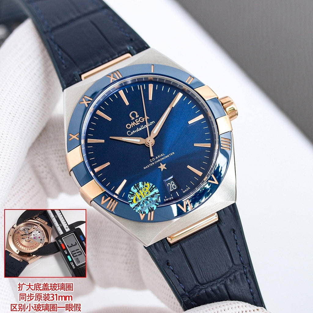 Omega wristwatch with blue dial, gold-tone bezel, black leather strap, date window.