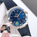 Omega wristwatch with blue dial, gold-tone bezel, black leather strap, date window.