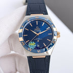 Omega wristwatch with blue dial and gold-tone bezel, black leather strap.