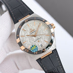 Omega wristwatch with silver dial, gold-tone bezel, black leather strap.