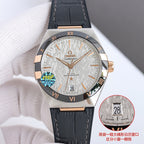 Omega wristwatch with silver dial, gold-tone bezel, black leather strap, date window.