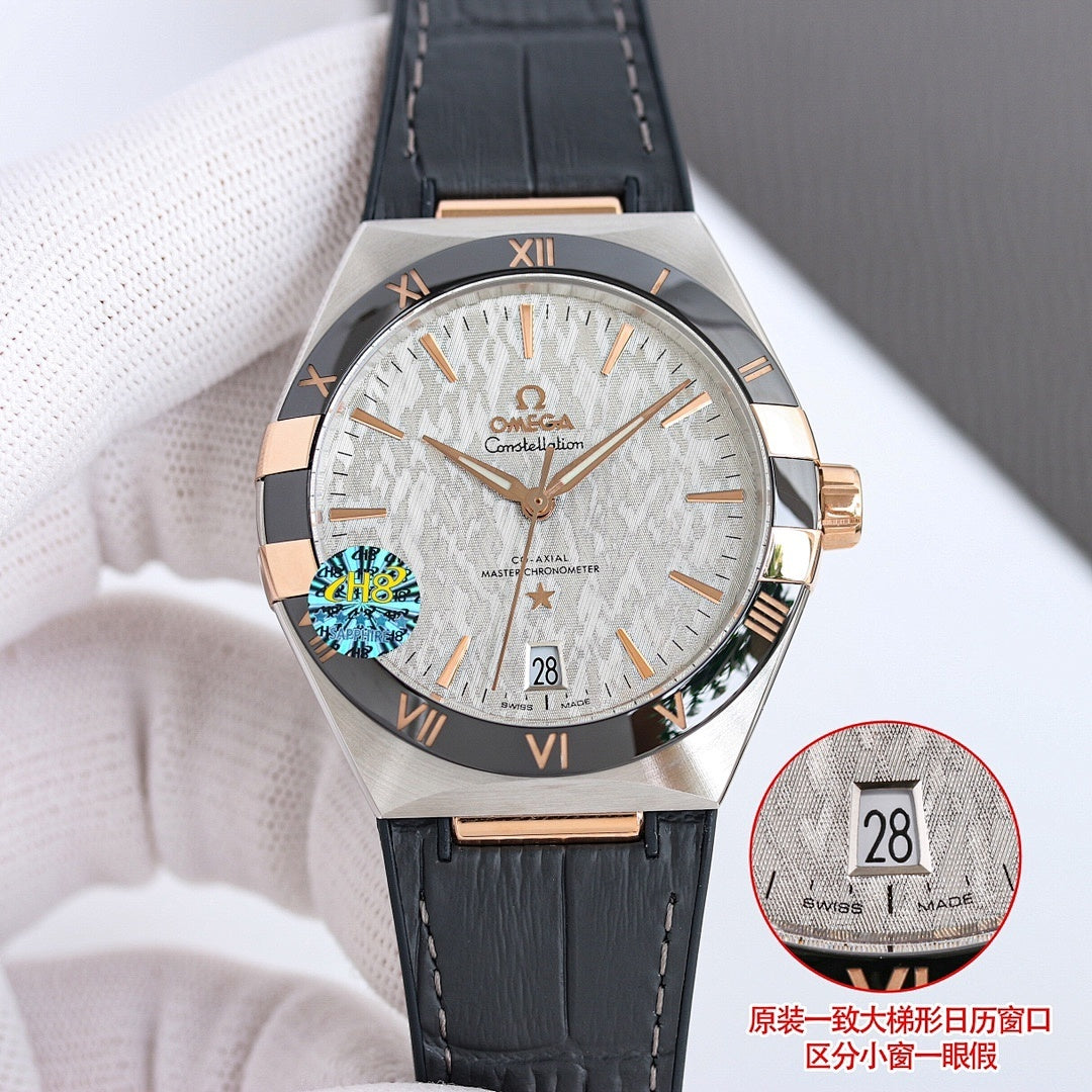 Omega wristwatch with silver dial, gold-tone bezel, black leather strap, date window.
