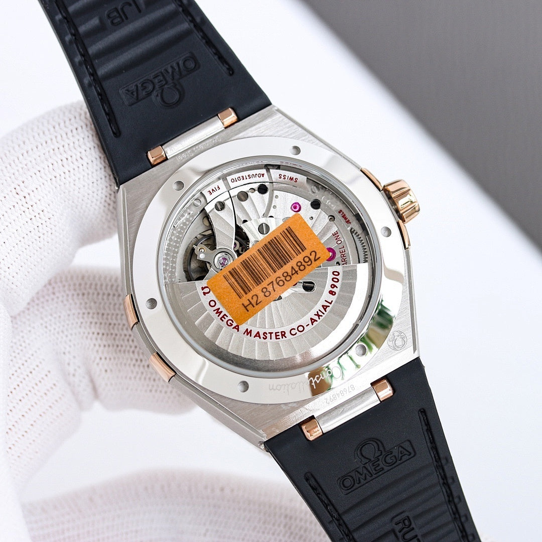 Omega wristwatch case back with exposed movement, black leather strap, gold-tone crown.