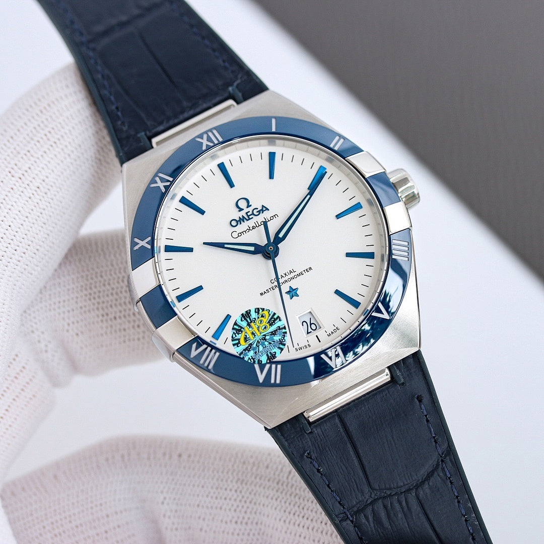 Omega watch with silver case, blue leather strap, light blue dial, Roman numerals, date window
